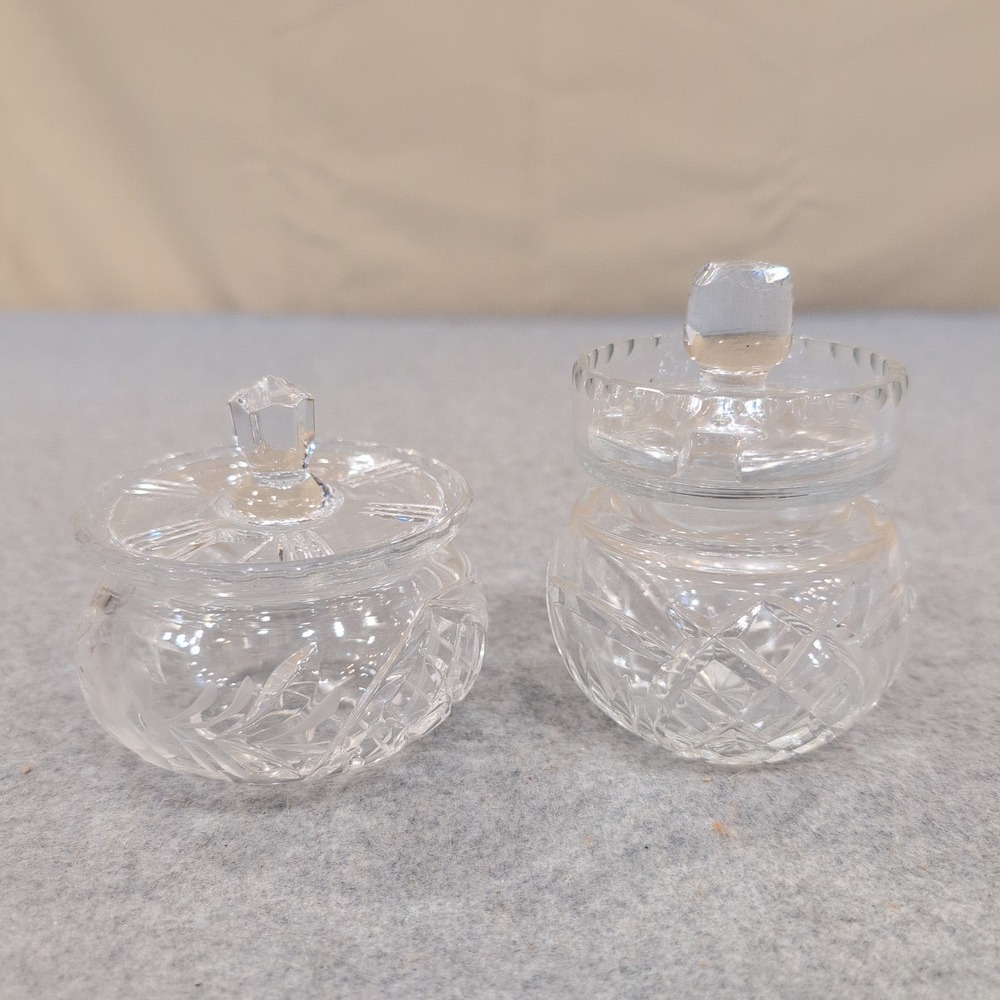 Vintage Clear Cut Glass Lidded Jars Set of 2 Frosted Floral and Diamond Pattern